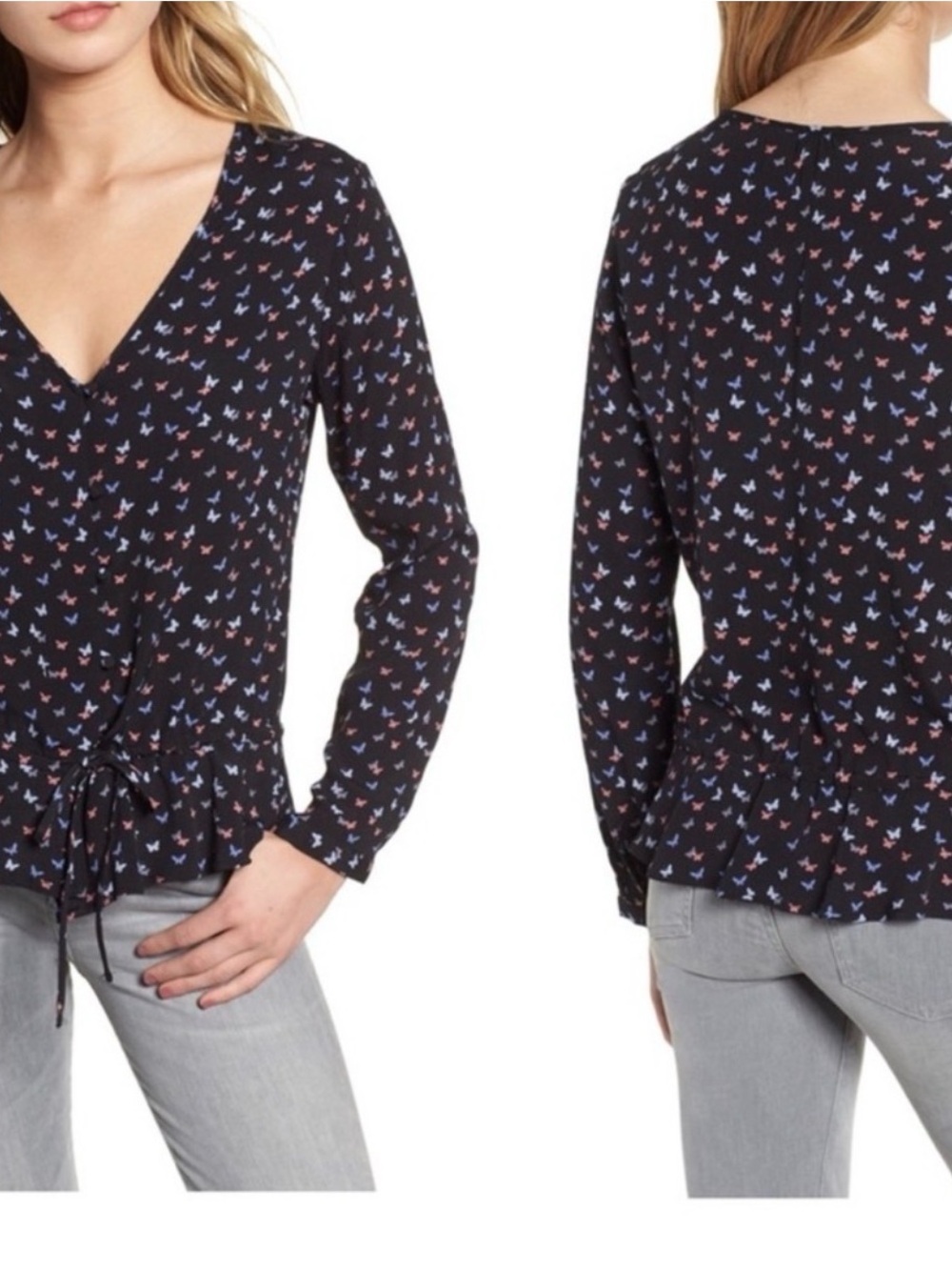 RAILS Black V-Neck Long Sleeve Printed Peplum Top. Cute! 🥰